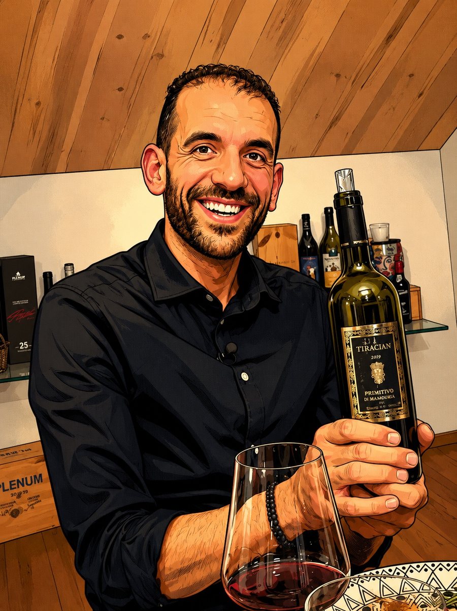 Engin Erler, Gründer von EE Wine and More, präsentiert eine Flasche Primitivo-Rotwein